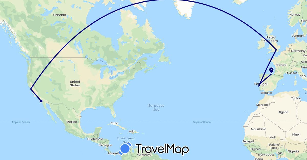 TravelMap itinerary: driving in Spain, United Kingdom, Portugal, United States (Europe, North America)